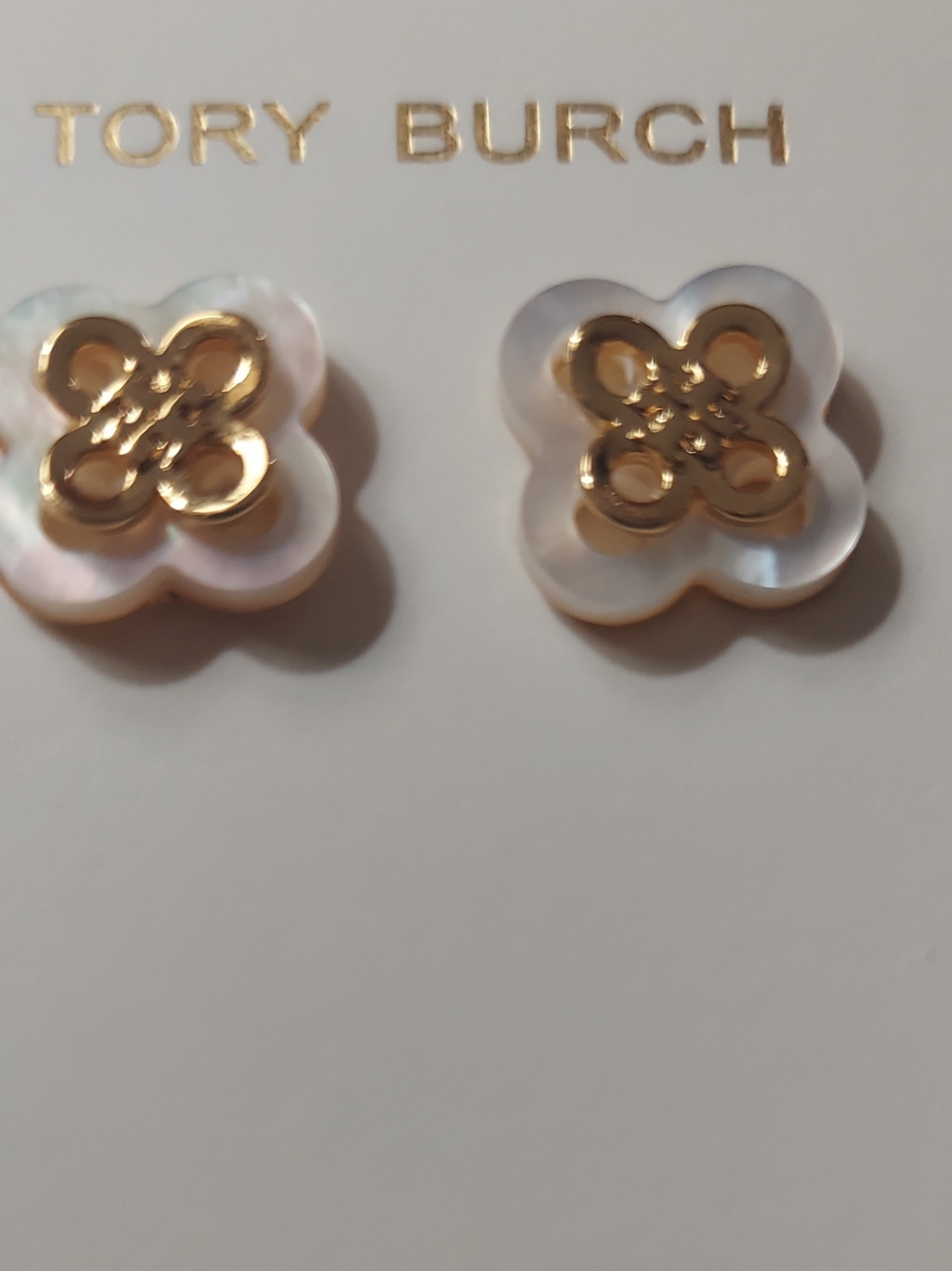 Tory Burch Mother-of-Pearl and Gold Logo Stud Earrings - Picture 2 of 3